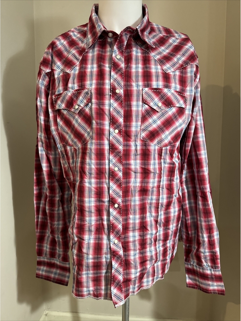 Wrangler Western Cowboy Rancher Shirt Mens XL Red Pink Plaid LS Pearl Snap